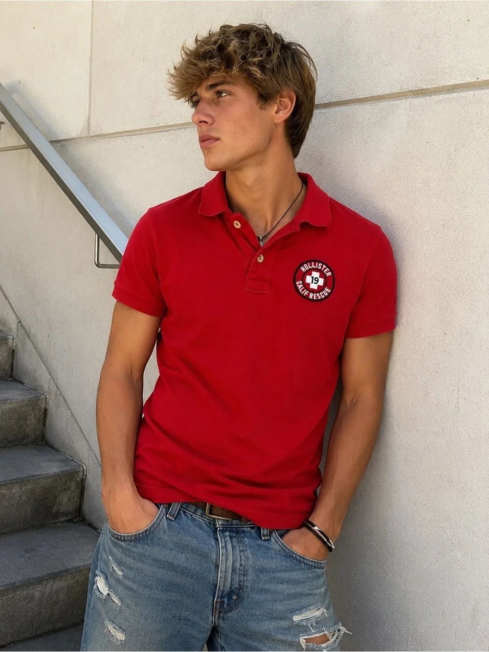 Y2K Hollister Red California Rescue Lifeguard Polo Shirt Sz S Surfer Preppy Pool